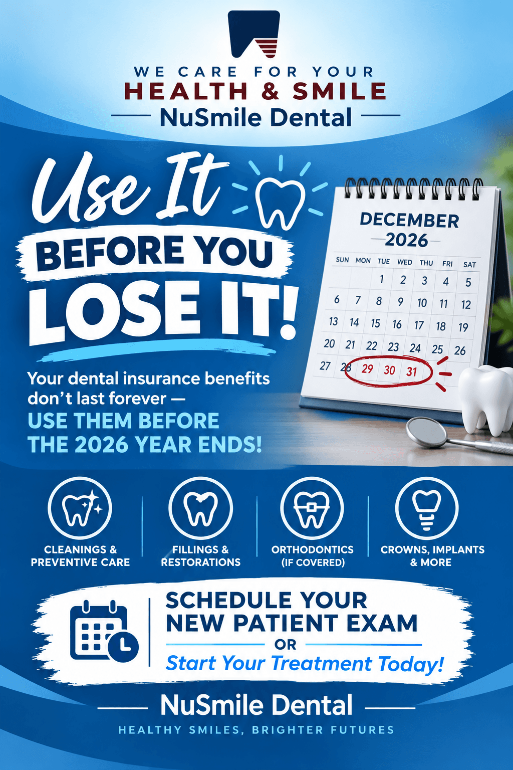 Nu Smile Dental year-end 2026 dental benefits flyer